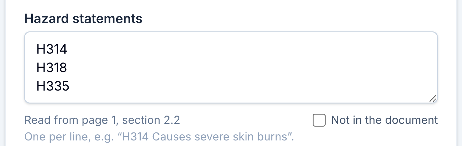 One fact on the checking screen: the hazard statements H314, H318 and H335 the tool read, with the line 'Read from page 1, section 2.2' underneath.