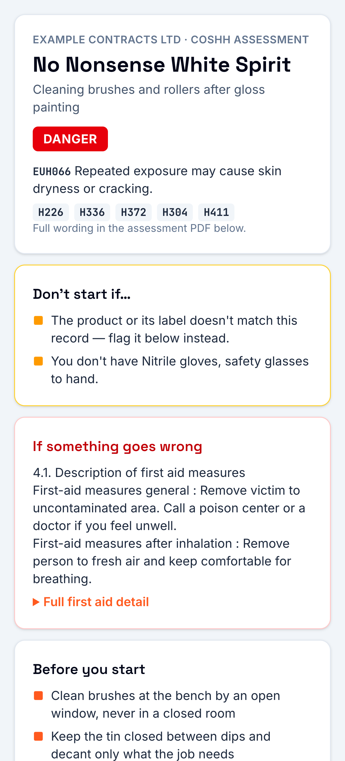 The issued white spirit assessment on a phone: DANGER, don't start if, first aid, before you start, spills and fire, and the read-and-understood buttons.