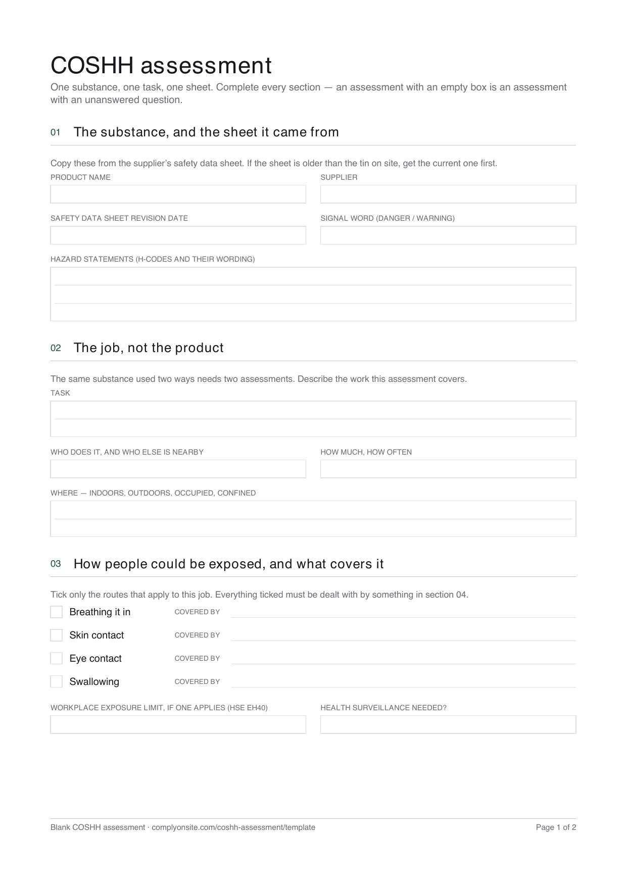 Page one of the blank template: the substance and its sheet, the job, and how people could be exposed with a line for what covers each route.