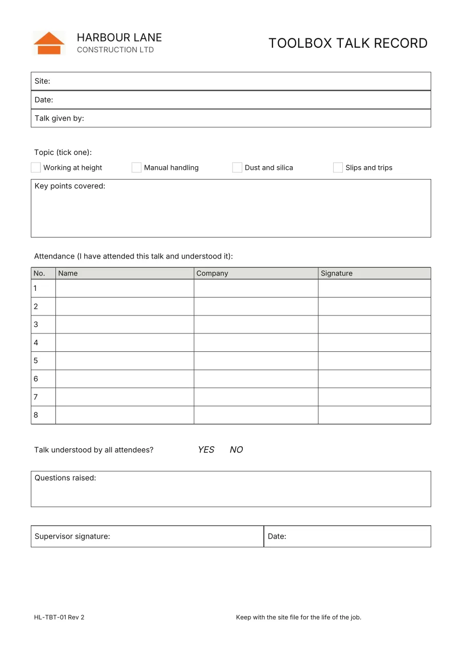 The copy of the same toolbox talk record. The logo and every printed word are kept, the four topics are tick boxes, YES and NO can be picked, and every box is empty, ready to fill in.