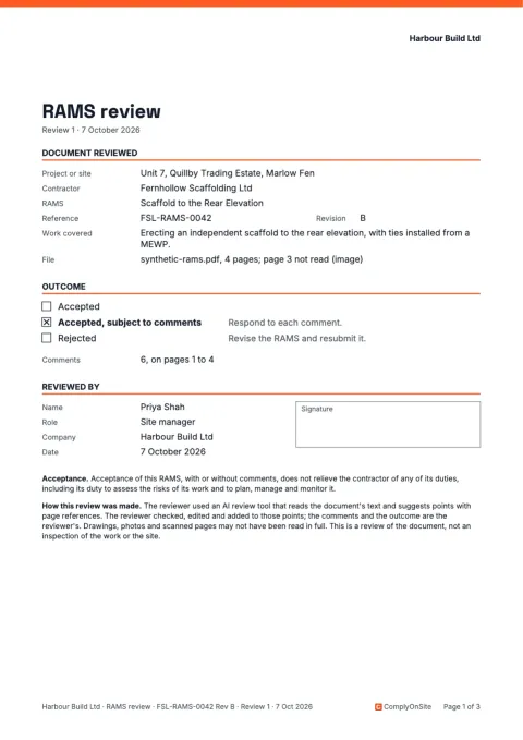The first page of a sample review form: the outcome, the reviewer and the numbered comments