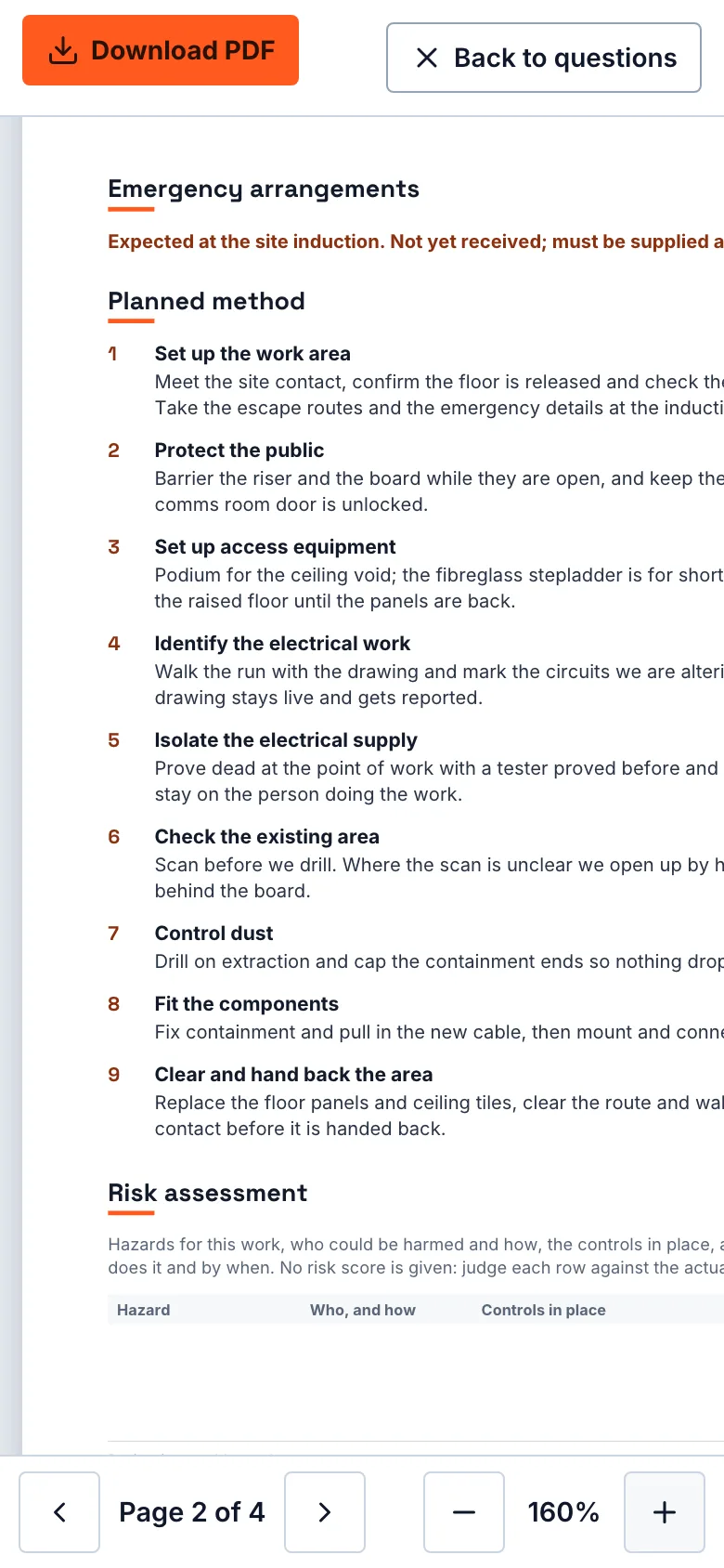 The planned method printed on a RAMS: numbered steps for an electrical job, beginning with setting up the work area, each with wording written by the person doing the job.