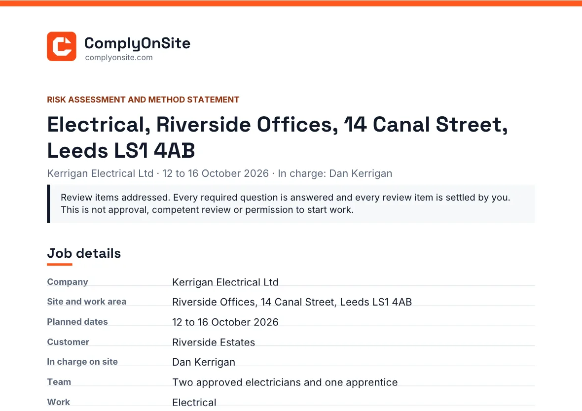 Page one of a finished RAMS: electrical work at Riverside Offices, 14 Canal Street, Leeds, for Kerrigan Electrical, headed with the line “This is not approval, competent review or permission to start work.”